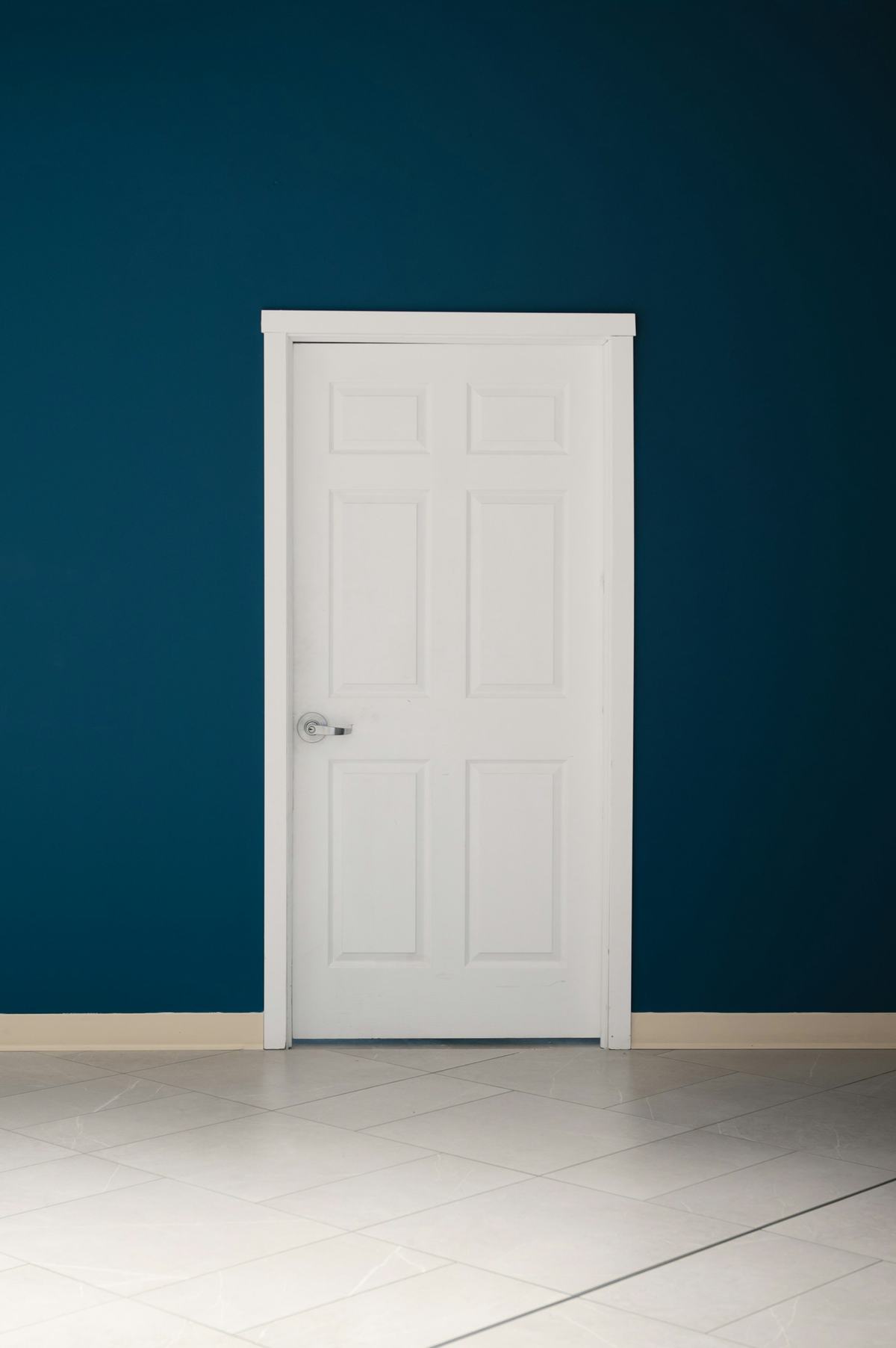 White six-panel interior door with white casing set in a dark blue wall.