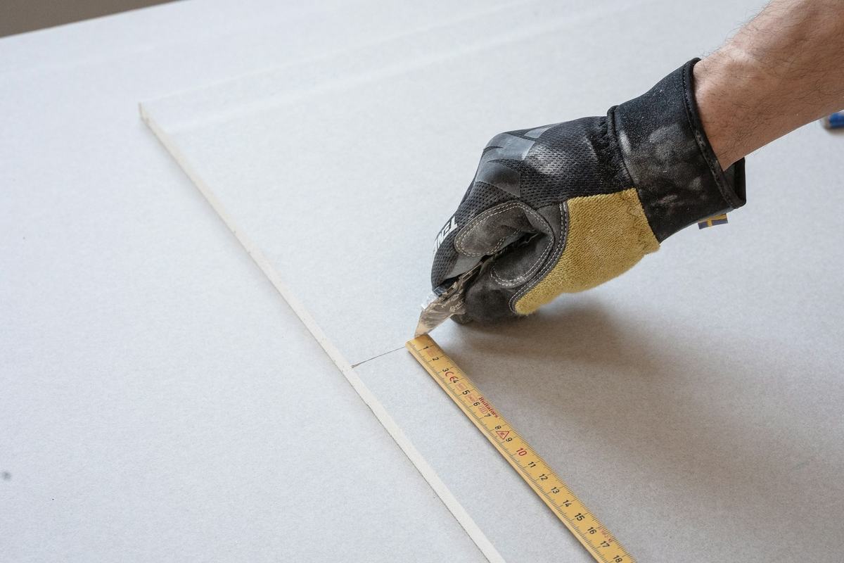 Gloved hand scoring a drywall sheet with a utility knife along a measured line.